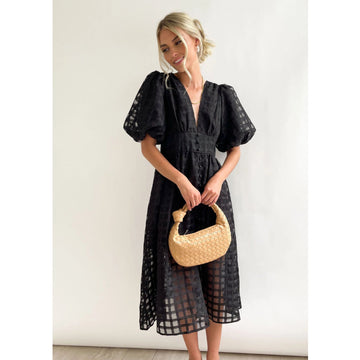 Sheer Grid Puff Sleeve Midi Dress