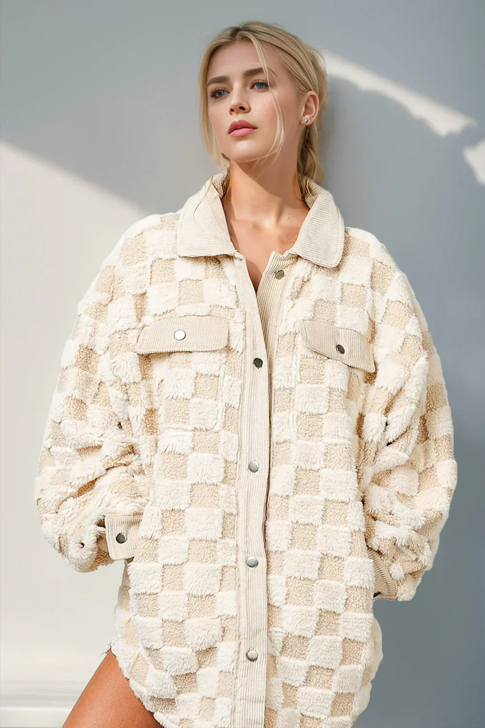 Cream Checkered Fleece Shacket