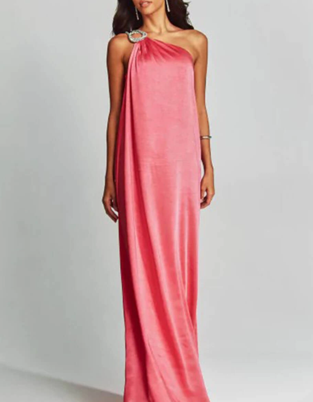 Satin One-Shoulder Metallic Maxi Dress