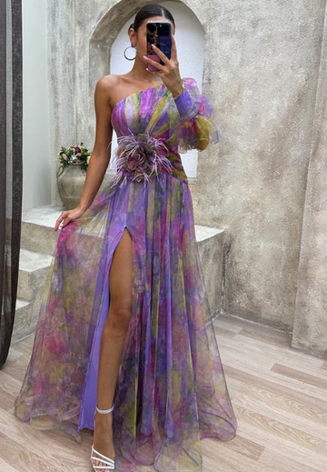One-Shoulder Floral Tulle Gown