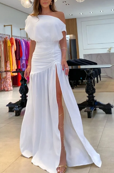 Velvet Ruched One-Shoulder Slit Gown