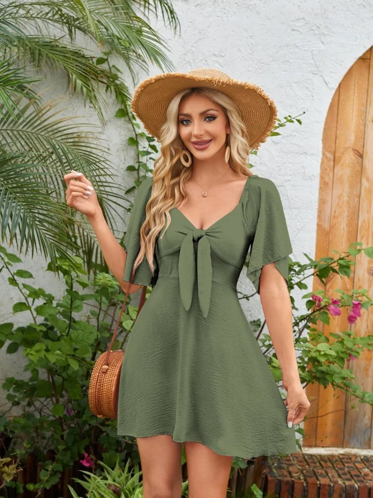 Knot Front Flutter Sleeve Mini Dress