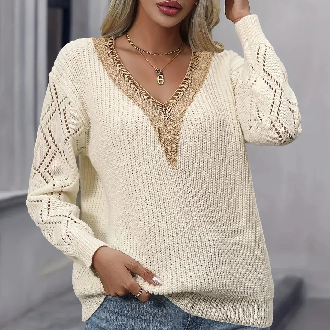 V-Neck Sweater with Stylish Sleeves