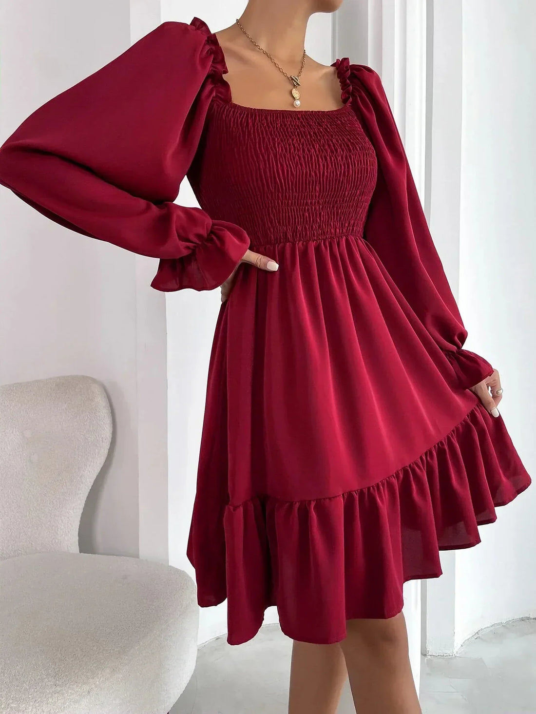 Shirred Long Sleeve Mini Dress