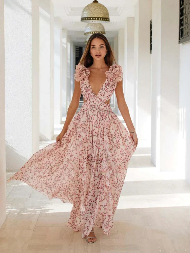 Cutout Flutter Sleeve Maxi Dress