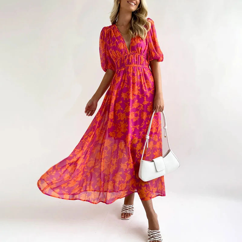Pink and Orange Puff Sleeve Maxi Dress