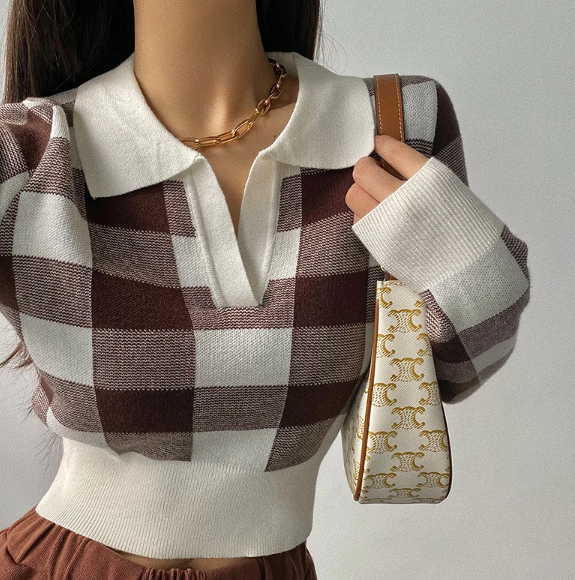 Cropped Plaid Pattern Knit Pullover