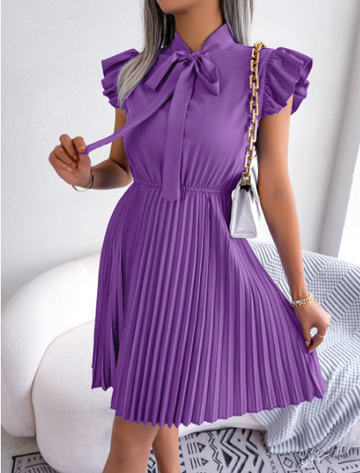 Pleated Tie-Neck Mini Dress