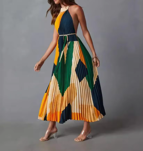 Pleated Halter Tie-Waist Maxi Dress