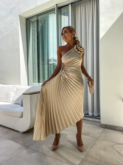 Pleated One-Shoulder Midi Dress