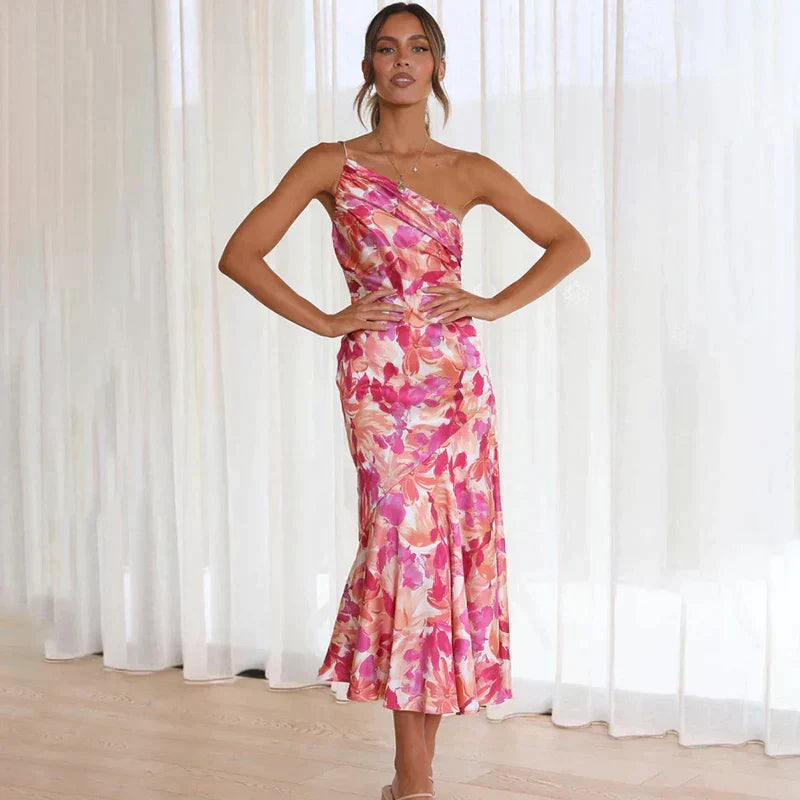 One Shoulder Floral Bias Midi Dress