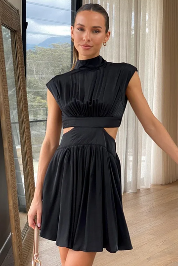 Pleated High Neck Mini Dress