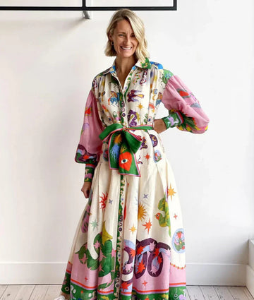 Printed Collar Belted Maxi Dress