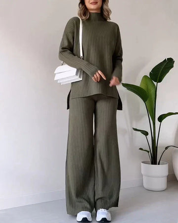 Turtleneck Knit Top and Wide Leg Pants Set