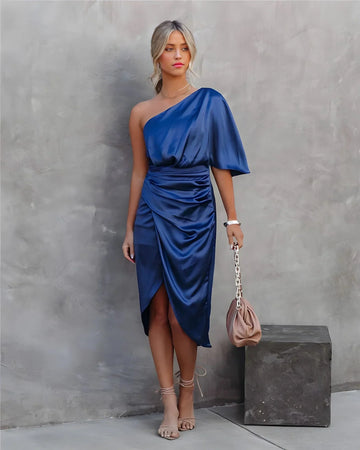 One-Shoulder Draped Satin Midi
