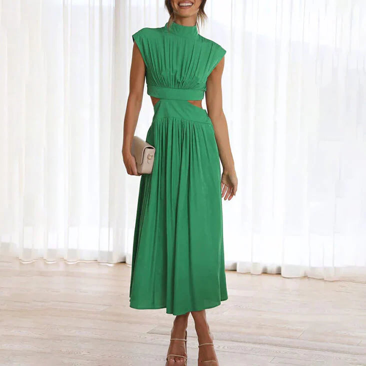 Ruched Cut-Out Pleated Midi Dress