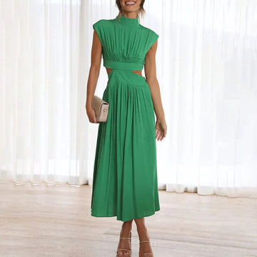 Ruched Cut-Out Pleated Midi Dress